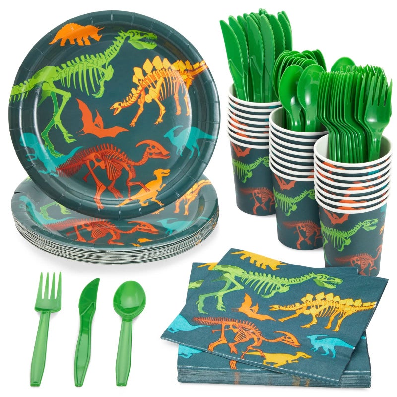 73Hours 144-Piece Dinosaur Birthday Party Decorations Set with Plates, Cups, Napkins  Cutlery - Serves 24 - Green  Blue Dino Fossil Paper Plates  Cups - Disposable  Easy Cleanup - Image 1