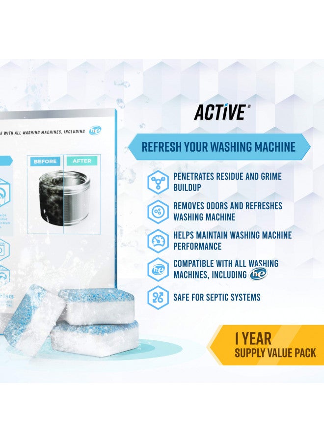 Active منظف غسالة الملابس مزيل الترسبات 24 عبوة - أقراص تنظيف عميق للغسالات الأمامية والعلوية، آمن على الصرف الصحي، معطر صديق للبيئة، ينظف داخل الأسطوانة وختم حوض الغسيل - إمداد لمدة 12 شهرًا - Image 3