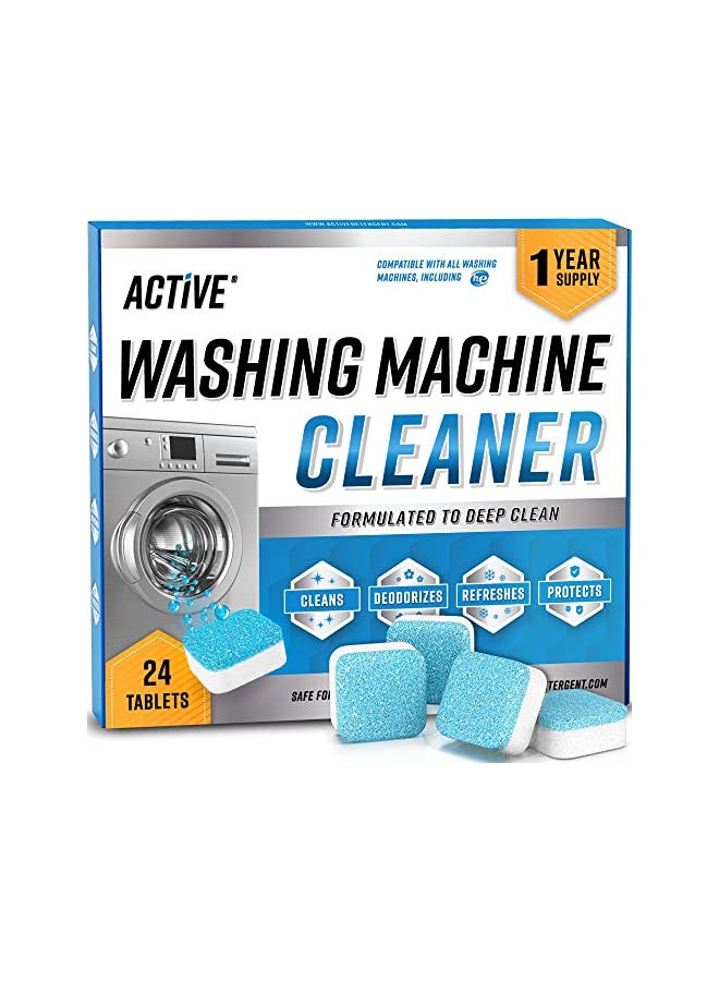 Active منظف غسالة الملابس مزيل الترسبات 24 عبوة - أقراص تنظيف عميق للغسالات الأمامية والعلوية، آمن على الصرف الصحي، معطر صديق للبيئة، ينظف داخل الأسطوانة وختم حوض الغسيل - إمداد لمدة 12 شهرًا - Image 1