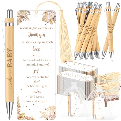 Gilprop 50 Sets Baby Shower Favors for Guests Includes 50 Baby Shower Ballpoint Pens 50 Thank You Bookmarks 50 Organza Bags for Gender Reveal Gifts Guest Prizes(Boho Pampas Grass,Khaki) - Image 1