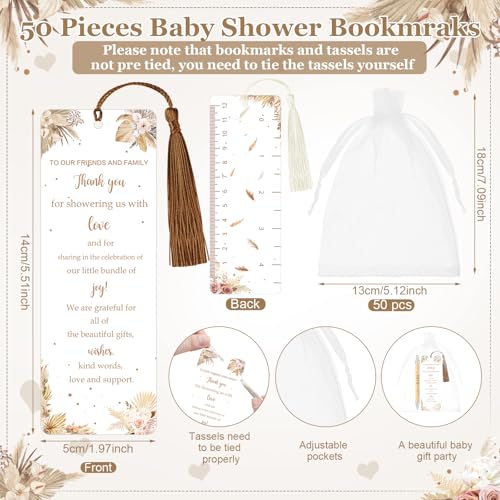 Gilprop 50 Sets Baby Shower Favors for Guests Includes 50 Baby Shower Ballpoint Pens 50 Thank You Bookmarks 50 Organza Bags for Gender Reveal Gifts Guest Prizes(Boho Pampas Grass,Khaki) - Image 2