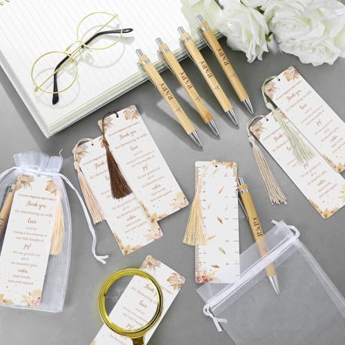 Gilprop 50 Sets Baby Shower Favors for Guests Includes 50 Baby Shower Ballpoint Pens 50 Thank You Bookmarks 50 Organza Bags for Gender Reveal Gifts Guest Prizes(Boho Pampas Grass,Khaki) - Image 4