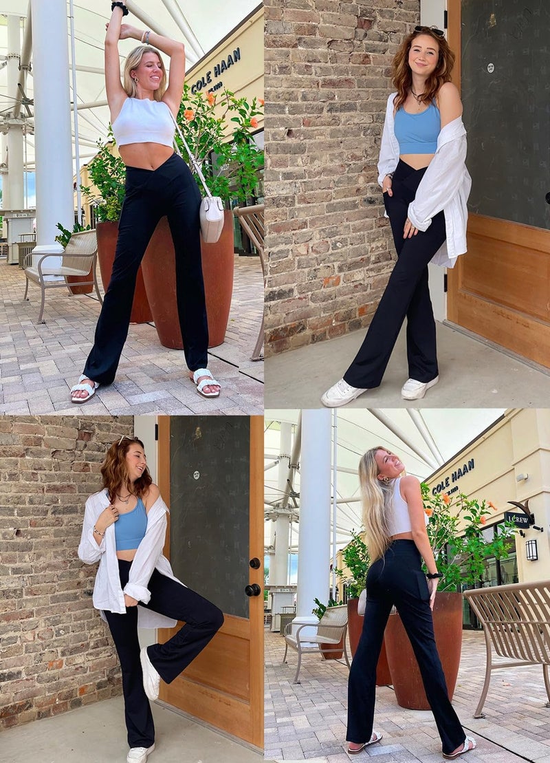 baleaf Women's Flare Leggings with Pockets Crossover Flared High Waist Petite Yoga Pants Tummy Control Bootcut Leggings Black 29" M - Image 2