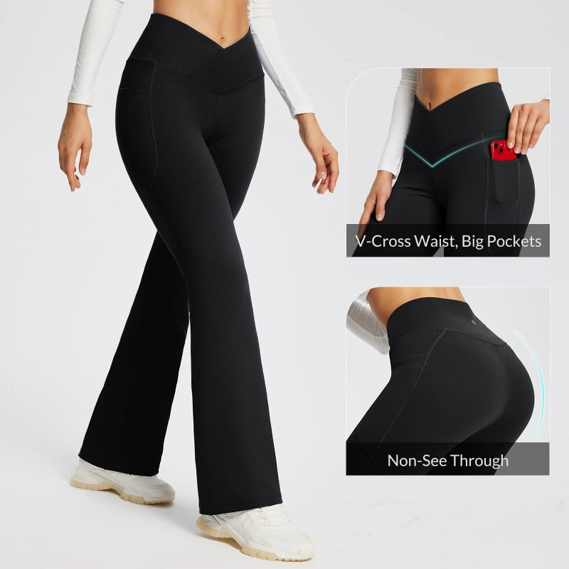 baleaf Women's Flare Leggings with Pockets Crossover Flared High Waist Petite Yoga Pants Tummy Control Bootcut Leggings Black 29" M - Image 3