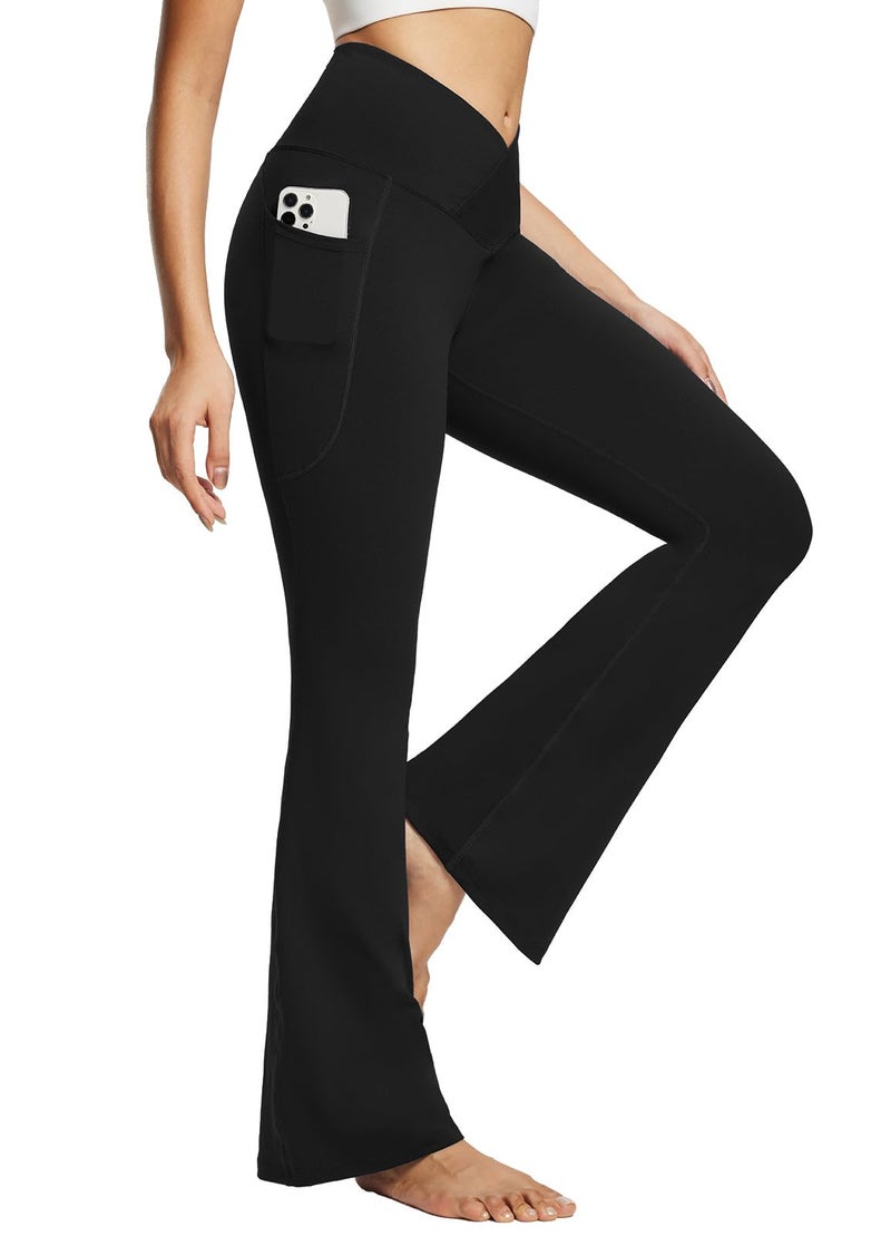 baleaf Women's Flare Leggings with Pockets Crossover Flared High Waist Petite Yoga Pants Tummy Control Bootcut Leggings Black 29" M - Image 1
