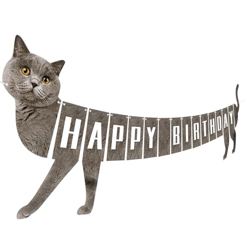 Adecortalk Cat Happy Birthday Banner Cat Garland Bunting Banner Sign Cats Birthday Decorations for Kids Adult Party Supplies Favors (Grey) - Image 1