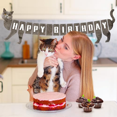 Adecortalk Cat Happy Birthday Banner Cat Garland Bunting Banner Sign Cats Birthday Decorations for Kids Adult Party Supplies Favors (Grey) - Image 3