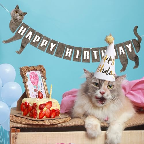 Adecortalk Cat Happy Birthday Banner Cat Garland Bunting Banner Sign Cats Birthday Decorations for Kids Adult Party Supplies Favors (Grey) - Image 4