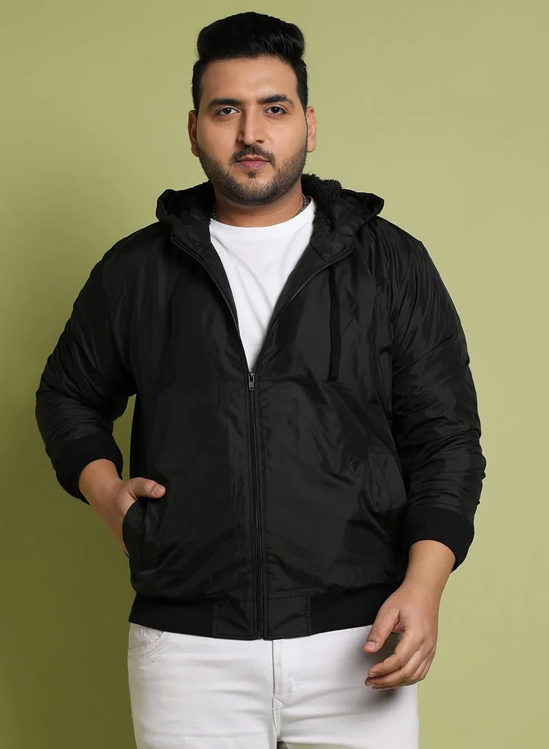 Instafab Plus Instafab Plus Men's Black Zip-Front Puffer Jacket With Ribbed Hem For Casual Wear | Hood Neck | Long Sleeves | Zip Closure | Polyester Jacket Crafted With Comfort Fit For Everyday Wear