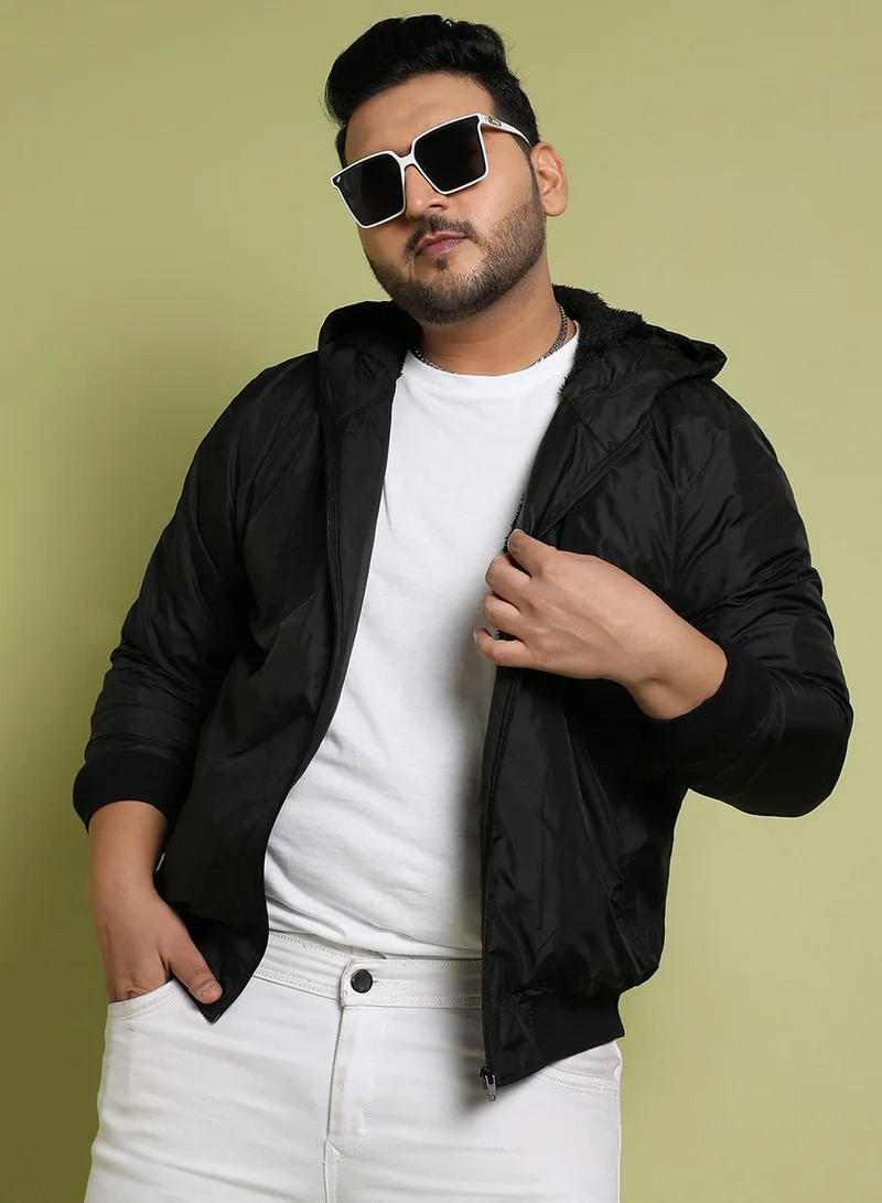 Instafab Plus Instafab Plus Men's Black Zip-Front Puffer Jacket With Ribbed Hem For Casual Wear | Hood Neck | Long Sleeves | Zip Closure | Polyester Jacket Crafted With Comfort Fit For Everyday Wear