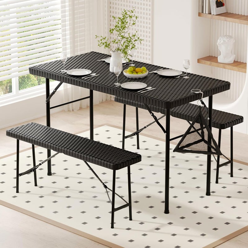VECELO Dining Table Set for 4 Faux Rattan Card Folding Dinette for Small Space with 2 Benches KitchenBreakfast NookLiving Room No Assembly 3 Piece Black - Image 1