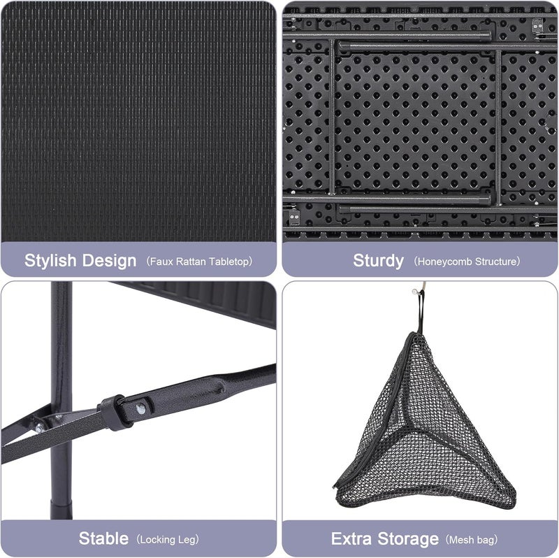 VECELO Dining Table Set for 4 Faux Rattan Card Folding Dinette for Small Space with 2 Benches KitchenBreakfast NookLiving Room No Assembly 3 Piece Black - Image 3