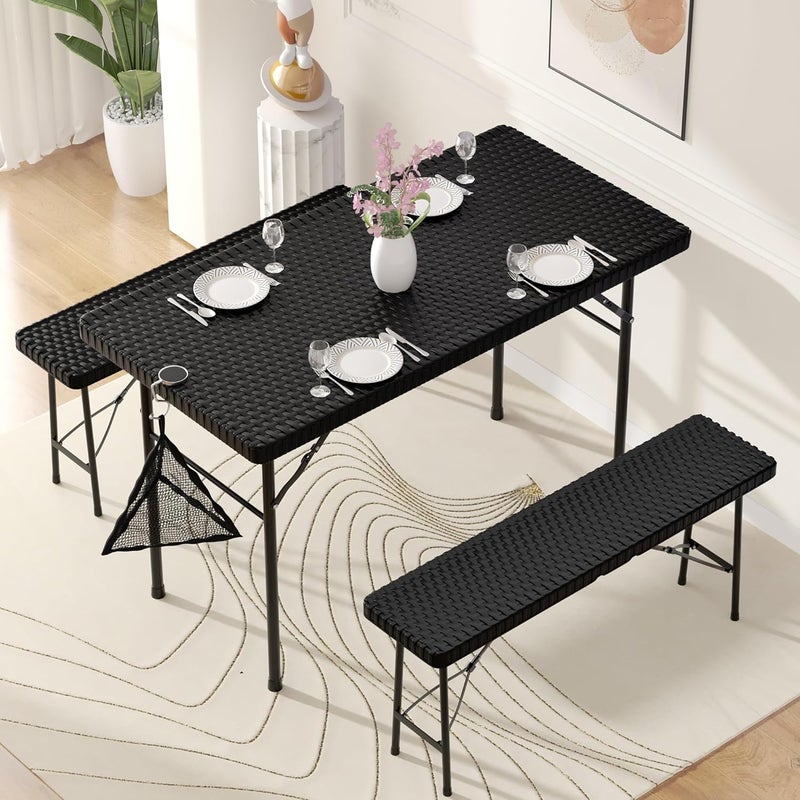VECELO Dining Table Set for 4 Faux Rattan Card Folding Dinette for Small Space with 2 Benches KitchenBreakfast NookLiving Room No Assembly 3 Piece Black - Image 5