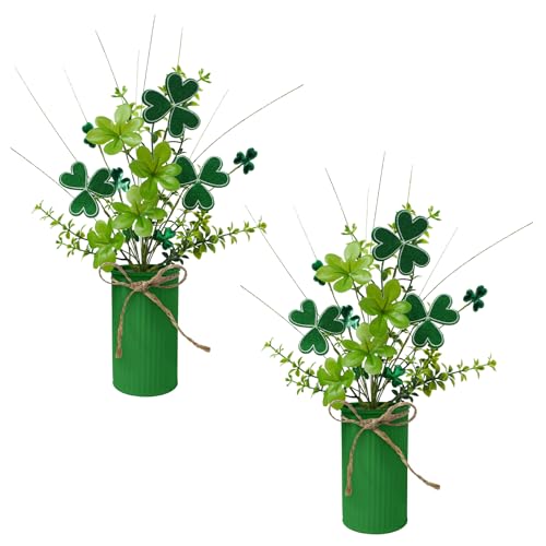 TORONTOKYO 2Pcs St Patricks Day Decorations Artificial Potted Plant Green Shamrock Stems Floral Picks Small Fake Plant for Home Party Table Centerpiece Decor - Image 1