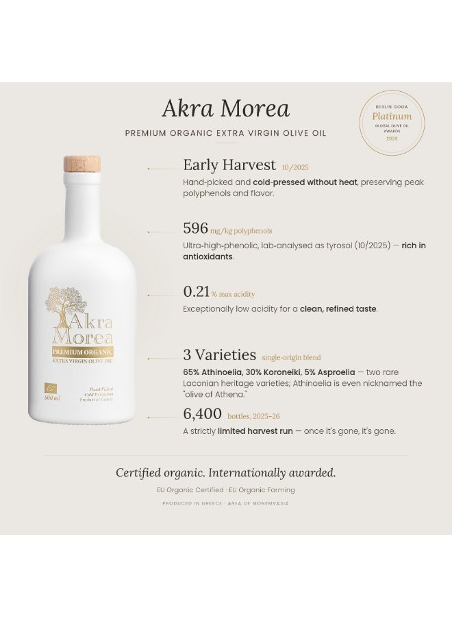 Akra Morea Premium Organic Greek Extra Virgin Olive Oil (500ml) | High Polyphenol EVOO (596 mg/kg as Tyrosol) | Cold Pressed, Hand Picked, High Phenolic Greek Olive Oil - Image 4