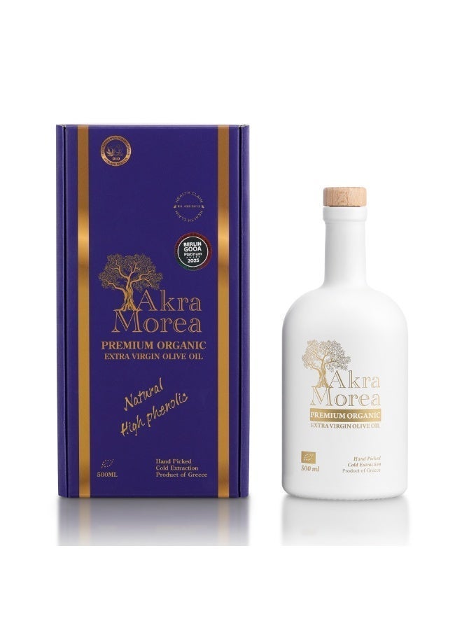 Akra Morea Premium Organic Greek Extra Virgin Olive Oil (500ml) | High Polyphenol EVOO (596 mg/kg as Tyrosol) | Cold Pressed, Hand Picked, High Phenolic Greek Olive Oil - Image 1