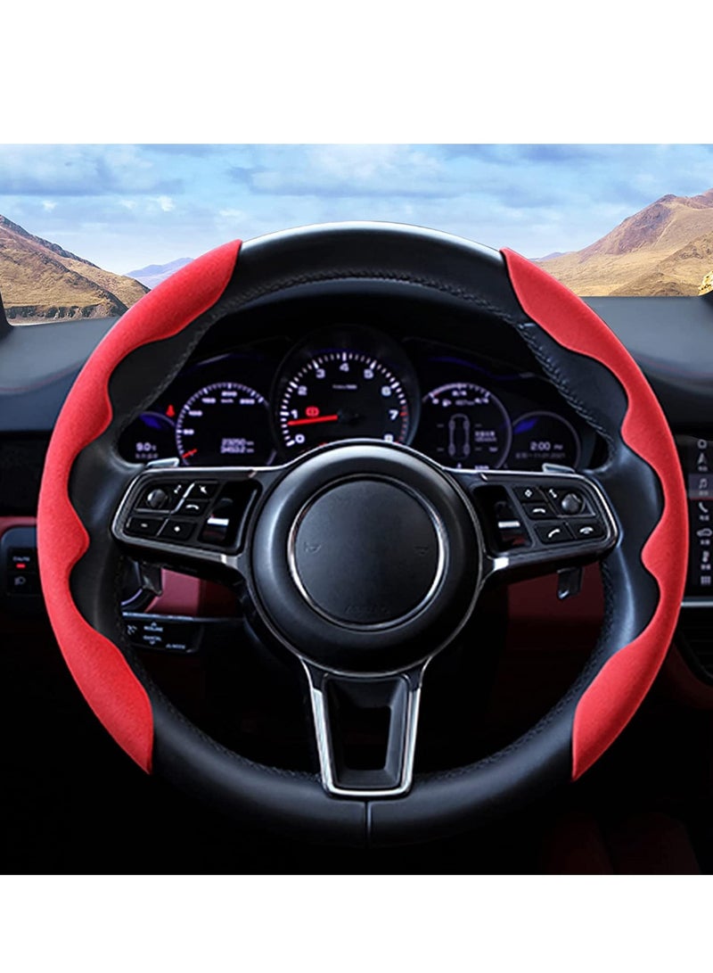 Sporty Steering Wheel Cover D Round Shape Universal Suede Carbon Fiber Anti Slip Breathable Segmented Steering Wheel Protector Cover Fashionable 38cm 15in Red - Image 4