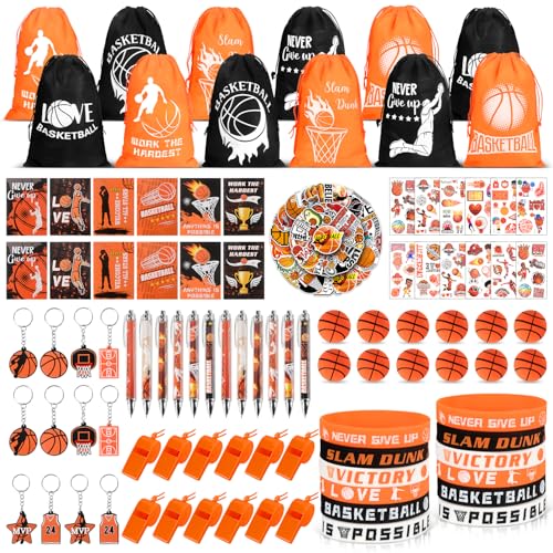 KISPATTI Basketball Party Favors 146PCS Sports Birthday Party Favors with Drawstring Bags Silicone Bracelets Notebooks and Stickers Goodie Bags Team Gifts for Basketball Birthday Party Supplies - Image 1