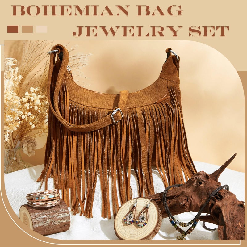 Quelay 4 Pcs Boho Bag Jewelry Set Western Jewelry Set Include Fringe Boho Purse Layered Choker Necklace Leather Wrap Hippie Bracelets Western Dangle Drop Earring for Women Party Daily Vacation - Image 4