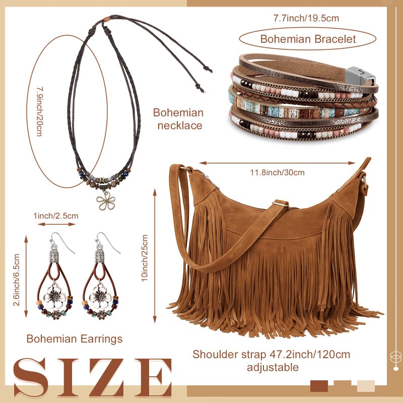 Quelay 4 Pcs Boho Bag Jewelry Set Western Jewelry Set Include Fringe Boho Purse Layered Choker Necklace Leather Wrap Hippie Bracelets Western Dangle Drop Earring for Women Party Daily Vacation - Image 2