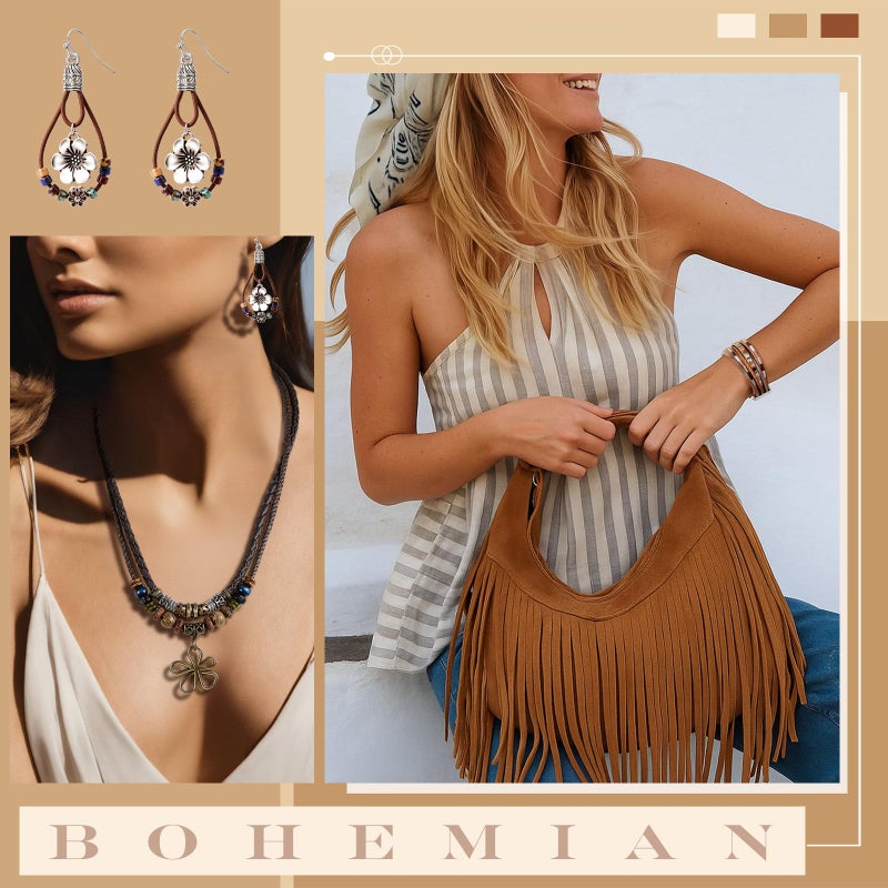 Quelay 4 Pcs Boho Bag Jewelry Set Western Jewelry Set Include Fringe Boho Purse Layered Choker Necklace Leather Wrap Hippie Bracelets Western Dangle Drop Earring for Women Party Daily Vacation - Image 5