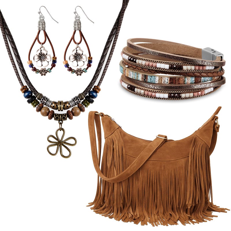 Quelay 4 Pcs Boho Bag Jewelry Set Western Jewelry Set Include Fringe Boho Purse Layered Choker Necklace Leather Wrap Hippie Bracelets Western Dangle Drop Earring for Women Party Daily Vacation - Image 1