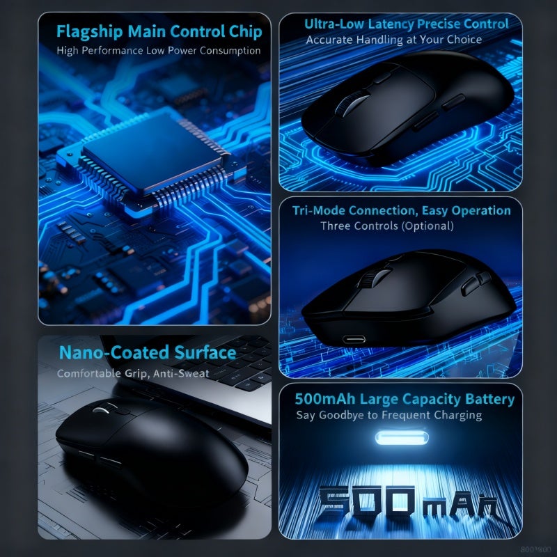 فأرة ألعاب خفيفة الوزن 65 جرام بثلاثة أوضاع بلوتوث، توصيل لاسلكي 2.4G/سلكي/بلوتوث، DPI قابل للتعديل حتى 6400، بطارية قابلة للشحن 500 ملي أمبير（أسود） - Image 2