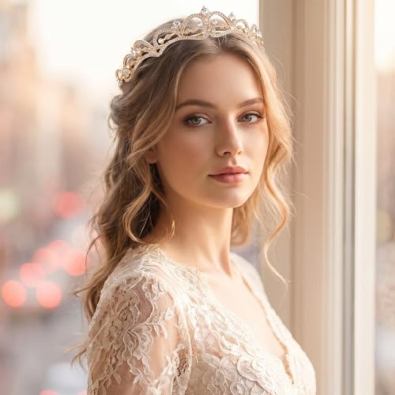 NOONGold تاج تيارا للنساء، حجر الراين التيجان والتيجان الأميرة تيارا عقال الزفاف أغطية الرأس لعيد ميلاد الزفاف زي عيد الهالوين تأثيري عيد الميلاد حفلة موسيقية Gifts444 - Image 3
