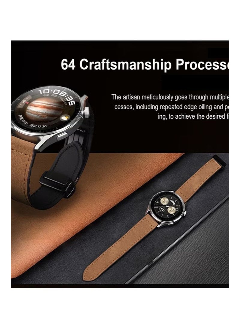22mm Leather Watch Strap with Magnetic Buckle Design, Compatible with Huawei GT3/4 46mm, GT3 Pro, Huawei Watch 3, GT2e, GT2 Pro, GT2 42/46mm, Samsung Galaxy Watch 3 45mm/Gear S3(Green+Black+Brown) - Image 2