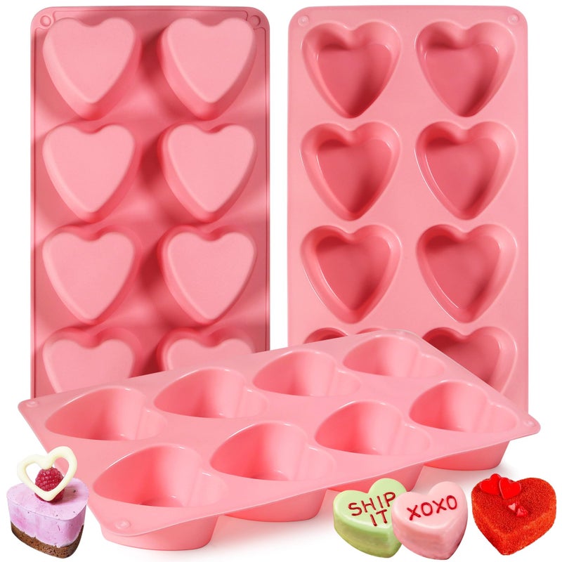 Sidosir 3Pcs Large Heart Shaped Muffin Pan Silicone Mold 8Cavity Chocolate Cover Molds for Valentines Day Mini Cake Jelly Pudding Handmade Soap