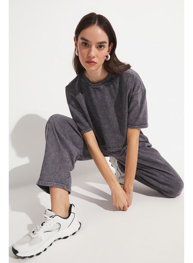 JUNE Women Viscose Blend Crop Knit Tracksuit Set Anthracite - Image 4