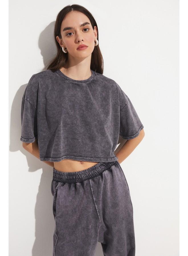 JUNE Women Viscose Blend Crop Knit Tracksuit Set Anthracite - Image 3