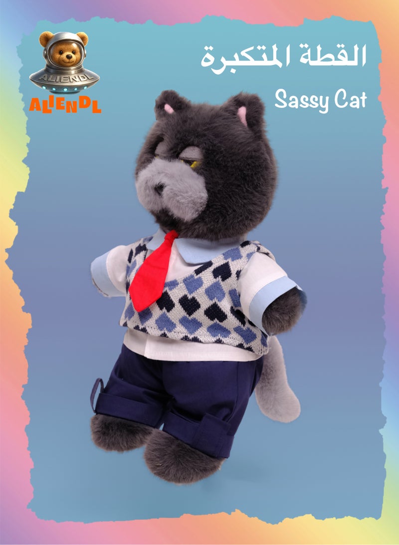 ALIENDL Sassy Cat – Plush Cat Stuffed Animal Toy for Baby Kids, Soft Cute Cat Doll Gift Set with Removable Outfit & Pouch, Stylish Gift for Kids, Girls & Friends - Image 1