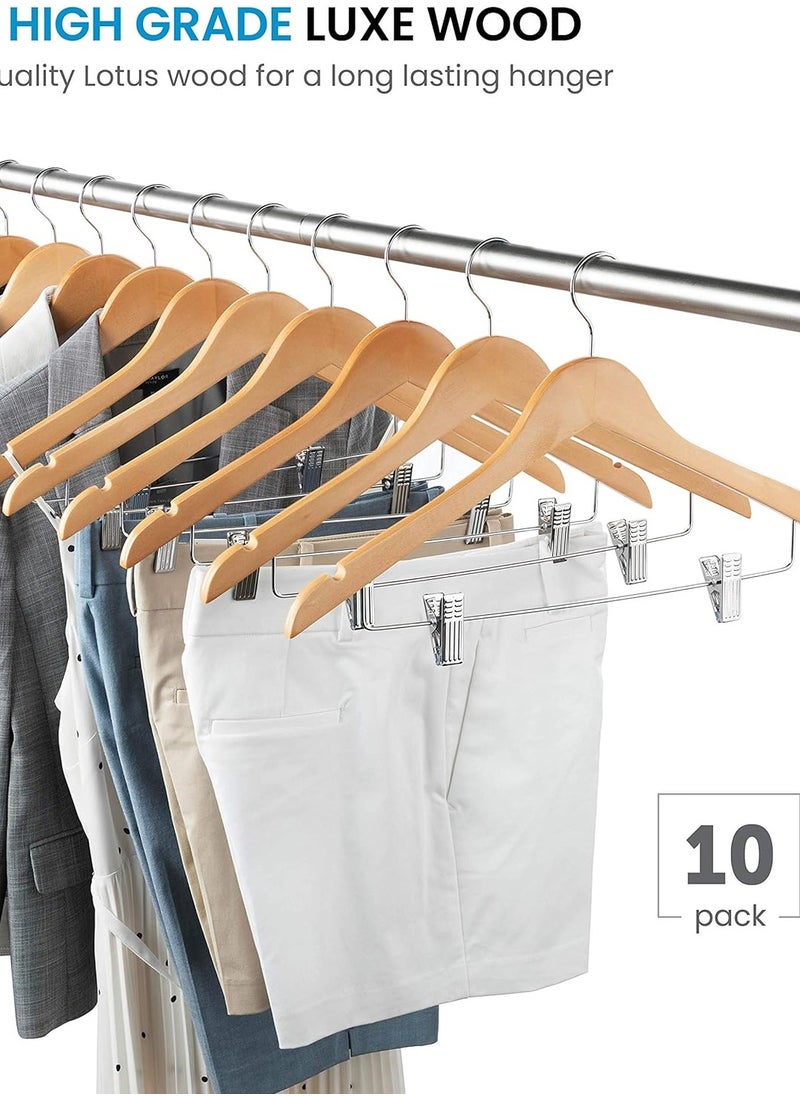 CityRiya-Long Pants Hangers with Clips Non-Slip Clothes Hangers 10 Pack Adjustable Jeans Skirt Hangers Clothes Hangers Coat Hanger Wooden Pants Hangers with 360° Swivel Hook  - Image 3