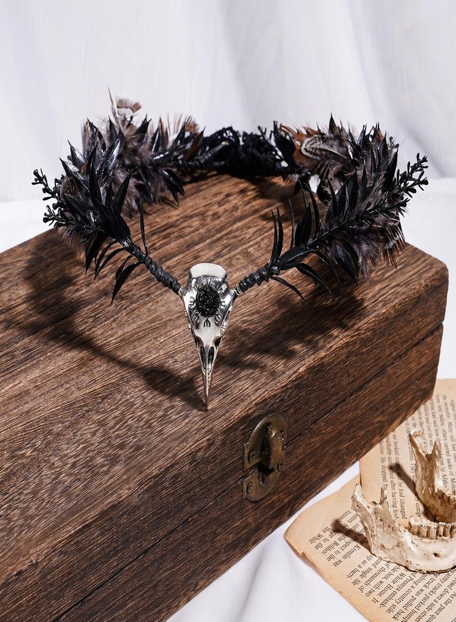 MOSTORY Handmade Raven Elf Crown - Gothic Feather Cirlet with Crow Skull Black Flower Tiara with Rhinestone for Witch Sorcerer Renaissance Halloween Wedding Cosplay Photo Prop - Image 5