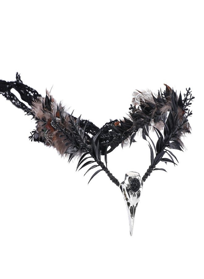 MOSTORY Handmade Raven Elf Crown - Gothic Feather Cirlet with Crow Skull Black Flower Tiara with Rhinestone for Witch Sorcerer Renaissance Halloween Wedding Cosplay Photo Prop - Image 1