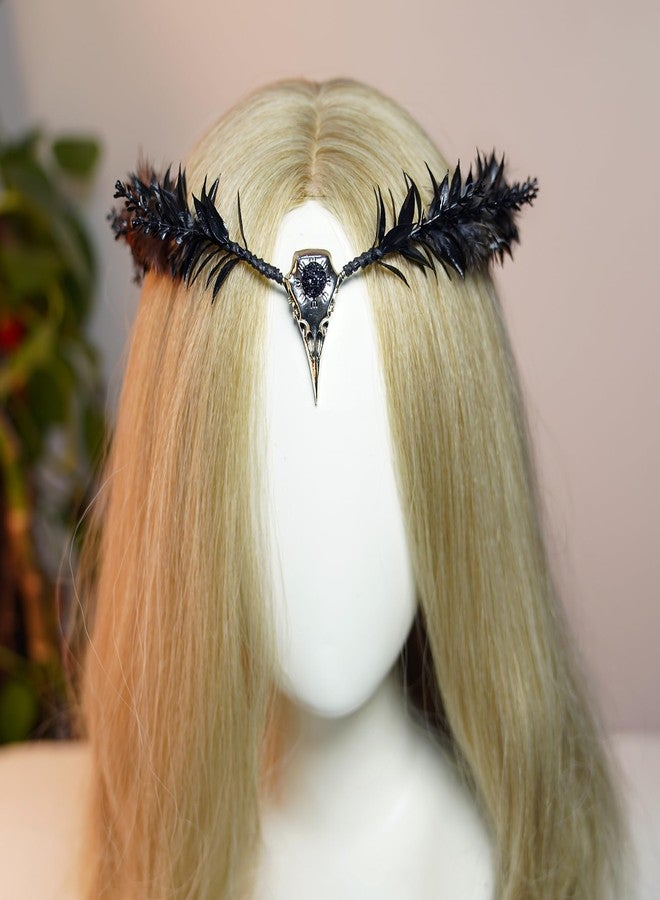 MOSTORY Handmade Raven Elf Crown - Gothic Feather Cirlet with Crow Skull Black Flower Tiara with Rhinestone for Witch Sorcerer Renaissance Halloween Wedding Cosplay Photo Prop - Image 4
