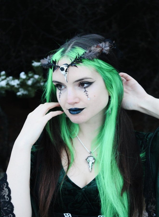 MOSTORY Handmade Raven Elf Crown - Gothic Feather Cirlet with Crow Skull Black Flower Tiara with Rhinestone for Witch Sorcerer Renaissance Halloween Wedding Cosplay Photo Prop - Image 2