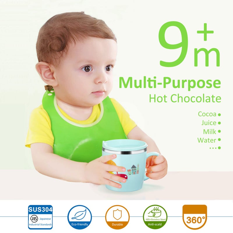 Valueder Kids Baby Toddler Cups Mug Sippy Learning Trainer Cup for Milk Coffee Hot Chocolate Stainless Steel Trainer Straw Cup with Lid, Lion, 7oz/Peacock blue - Image 2