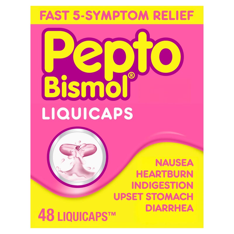 Pepto Bismol Liquicaps, Upset Stomach Relief, Nausea Relief, Heartburn Relief, Indigestion Relief, Anti Diarrhea Medication for Adults - 5 Symptom Fast Relief, No Flavor, 48 ct - Image 1