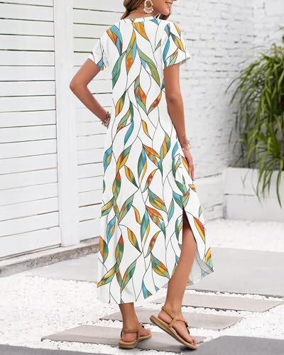 MISFAY Women's Summer Casual Maxi Dress 2026 Short Sleeves V Neck Loose Sundress Split Long Beach T Shirt Dress Vacation(Coloured Leaf,L) - Image 3