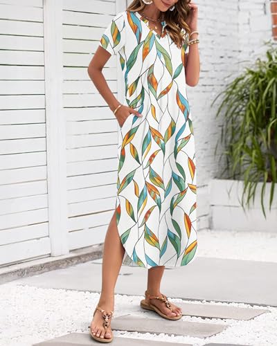 MISFAY Women's Summer Casual Maxi Dress 2026 Short Sleeves V Neck Loose Sundress Split Long Beach T Shirt Dress Vacation(Coloured Leaf,L) - Image 2