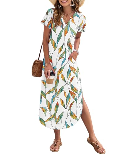 MISFAY Women's Summer Casual Maxi Dress 2026 Short Sleeves V Neck Loose Sundress Split Long Beach T Shirt Dress Vacation(Coloured Leaf,L) - Image 1