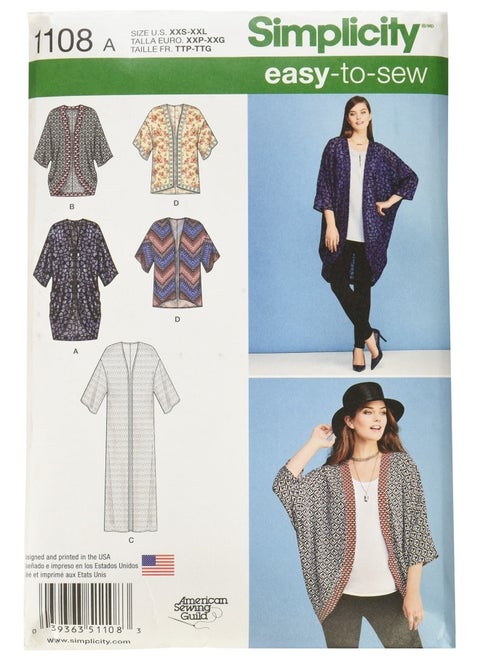 Simplicity Us1108A Misses  Kimono And Cardigan Sewing Pattern Kit  Code 1108  Sizes Xxs-Xxl