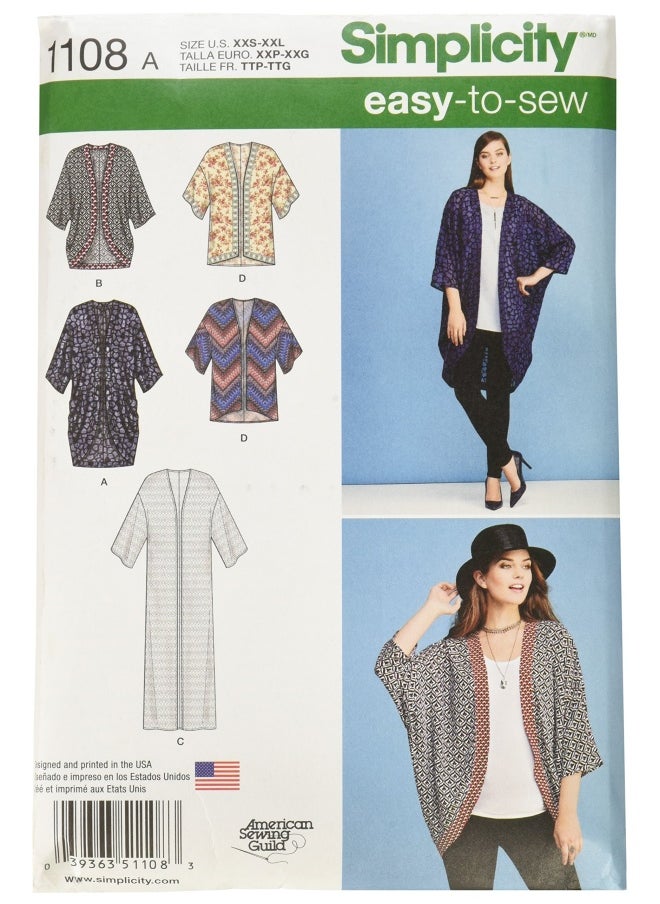 Simplicity - Simplicity Us1108A Misses  Kimono And Cardigan Sewing Pattern Kit  Code 1108  Sizes Xxs-Xxl - Image 1