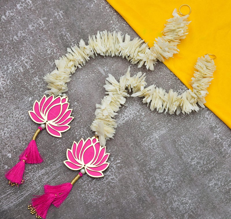 BENAVJI Handmade Artificial Mogra Garland with Lotus Hanging for Decoration ? White Flower Strings with Pink Lotus & Tassel for Home Temple, Diwali, Pooja Room, Wedding & Festival Decor (Set of 2) - Image 1