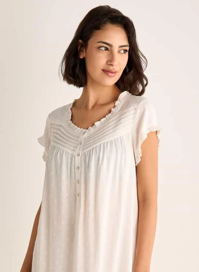 Splash FAV Textured Round Neck Night Dress with Short Sleeves and Pintuck Detail