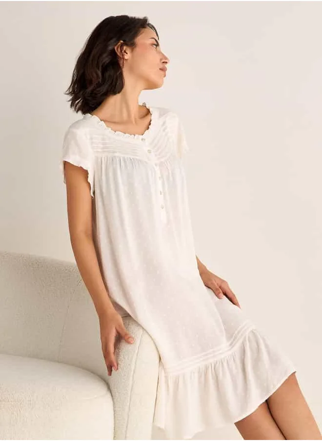 Splash FAV Textured Round Neck Night Dress with Short Sleeves and Pintuck Detail