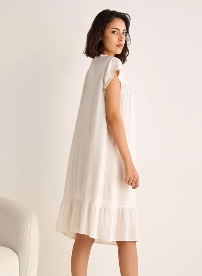 Splash FAV Textured Round Neck Night Dress with Short Sleeves and Pintuck Detail