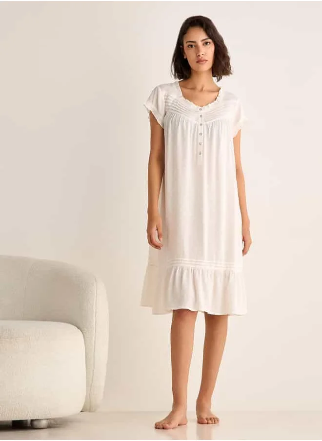 Splash FAV Textured Round Neck Night Dress with Short Sleeves and Pintuck Detail